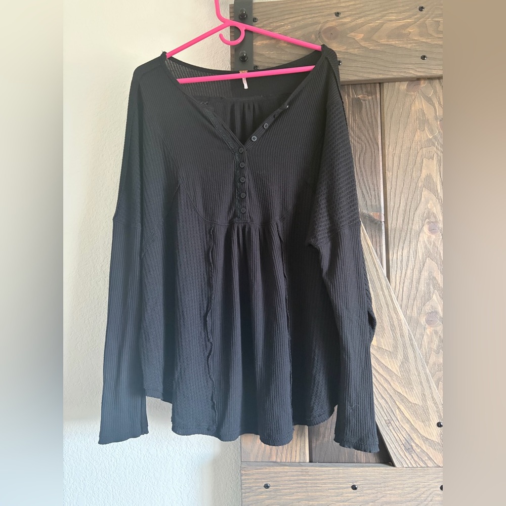 Free People Black Long Sleeve Waffle Henley Peplum Top